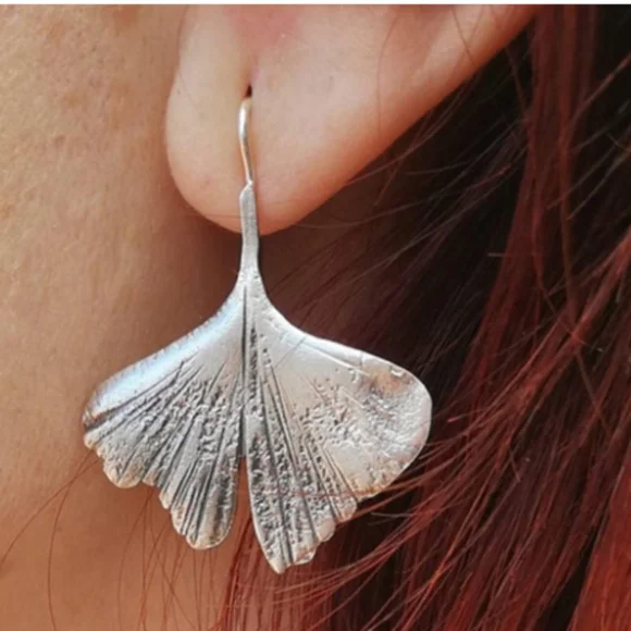 Silver Gingko Biloba Leaf Earrings 3D Leaves Nature Modern Botanical Minimalist